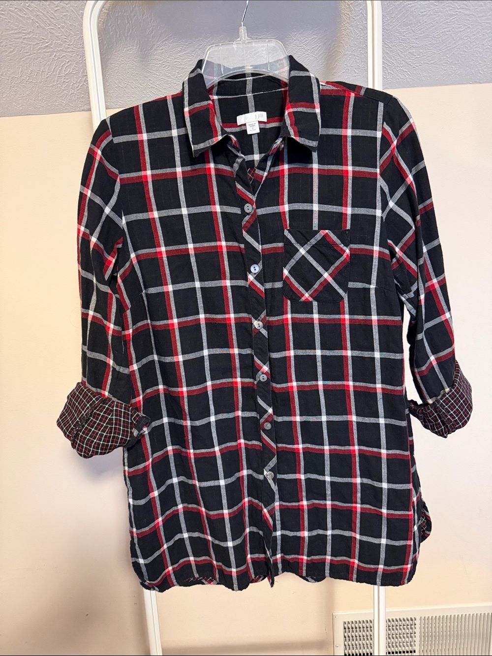 J Jill black red white plaid check cotton button front blouse Size S Petite